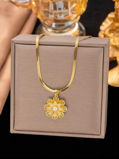 1 pieza Collar con colgante floral de cadena plana de acero inoxidable, diseño creativo minimalista elegante estilo campestre clásico de moda casual, adecuado para el Día de San Valentín, Eid, vacaciones, uso diario, fiesta, regalo (caja de embalaje de bolsa OPP solo para fotografía)