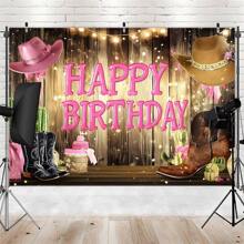 1pc Western Cowgirl Birthday Backdrop Banner - Polyester, No Power Needed, Suitable For Indoor & Outdoor Celebration, Multifunctional Party Decor With Cowboy Hat, Boots, Cactus And "Happy Birthday" Design - 1pc - View 3