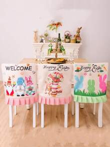 1 pieza Decoración de Pascua Funda para silla de imitación de lino impreso con diseño de conejo
