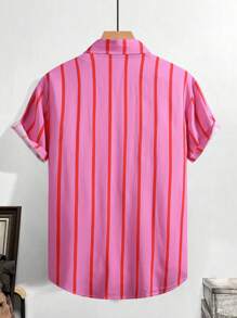 Camisa de manga corta de rayas rosa casual para hombre, ropa de verano ligera para vacaciones