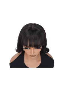 Peluca corta tipo bob con flequillo, cabello humano sin pegamento, densidad de 180%, textura recta, con mejora de 2x3 cabelludo realista, peluca de encaje natural negra con flequillo de cabello humano para mujeres - S1 - Ver 7
