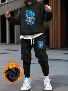 2pcs/Set Men's Thickened Thermal Lined Hoodie Sweatshirt And Sweatpants Set, Autumn Winter 2025 New Casual Plus Size Set - Black - View 2