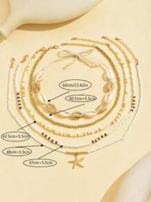 5pcs/Set Bohemian Style Random Color Glass Beads & Starfish Pendant Layered Necklace Set, Suitable For Beach, Resort, Party - Beige - View 4