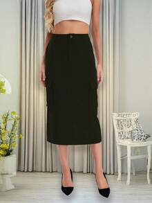 Solid Skirt With Split Hem, Flap Pocket On The Side - Army Green - View 4