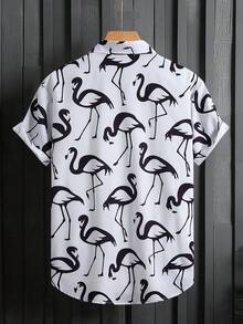 男士休闲短袖衬衫，夏季男士时尚纽扣衬衫，复古鸟图案 - 黑與白 - 查看 2