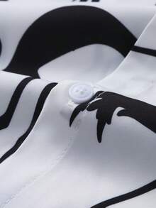 男士休闲短袖衬衫，夏季男士时尚纽扣衬衫，复古鸟图案 - 黑與白 - 查看 4