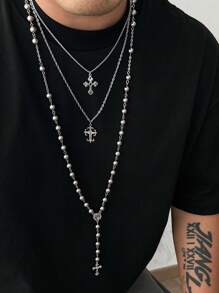 3pcs Vintage Punk Multilayer Metal Silver Cross Decor Y-Necklace, Men's Fashionable Beaded Necklace Set, Hip-Hop Style