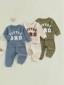 Toddler Boy Waffle Pants Set Letter Embroidered Long Sleeve Cute Sweatshirt Drawstring Pants Outfits