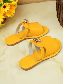 儿童凉鞋2025夏季新款时尚一体式圆头平底漏趾钻一脚蹬沙滩凉鞋 - 金色 - 查看 4