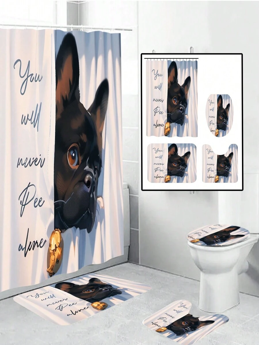 1 套小狗图案日常元素防水浴帘，带防滑浴室垫和马桶盖，含 12 个挂钩，防水涤纶面料，可洗，孔眼顶部，无衬里编织窗帘，适用于浴室和家居装饰配件