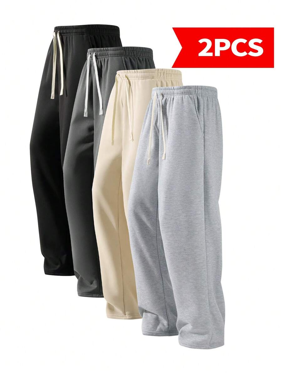 Blueplus Men's Two-Piece Loose-Fitting Drawstring Sweatpants With An Adjustable Drawstring Waistband. Comfortable And Breathable, Suitable For Outdoor Sports And Fitness. Straight-Leg Casual Pants. - 淺灰色+卡其色 - 查看 1