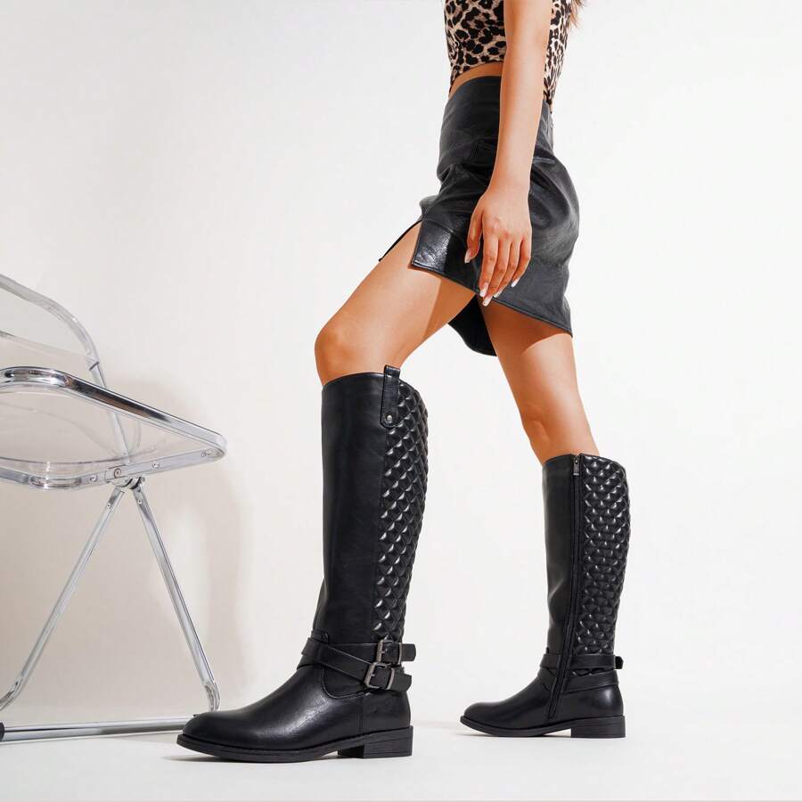 Women'S Riding Boots Knee High Boots+Buckle Calf Boot