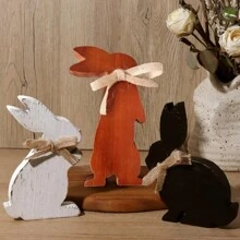 LIXUN 3 件/套复活节家居装饰：乡村复活节兔子木制桌面中心装饰，农舍木制兔子装饰分层托盘，复古复活节礼物 - 彩色 - 查看 2