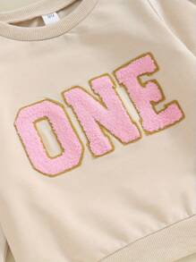 Conjunto de sudadera bordada para bebé niño de primer año, dos, tres, cuatro, cinco y seis años, blusa de manga larga con cuello redondo y color liso, ropa de otoño e invierno. - Caqui - Ver 7