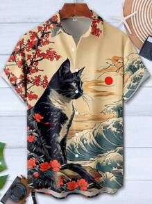 Japanese Ukiyo-E Plum Blossom Cat Print Men's Button Down Pocket Short Sleeve Hawaiian Aloha Shirt - Yellow - View 1
