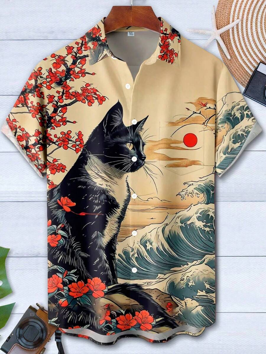 Japanese Ukiyo-E Plum Blossom Cat Print Men's Button Down Pocket Short Sleeve Hawaiian Aloha Shirt - Yellow - View 1