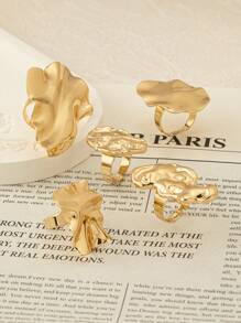5pcs Set Abstract Crinkle Gold Metal Personalized Rings, Women's Thick Rings, Stackable Rings - Gold - View 2