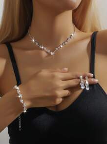 4pcs Minimalist Fully Rhinestoned Necklace, Earrings, Bracelet Set, Suitable For Wedding, Party, Holiday, Daily Wear - Multicolor - View 1