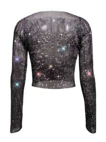 Black Rhinestone Fishnet Long Sleeve T-Shirt – Round Neck Stretchy Breathable Bodycon Top With Cut-Out Design, Matching For High-Waist Jeans, Nightclub, Y2K, Streetwear, Party