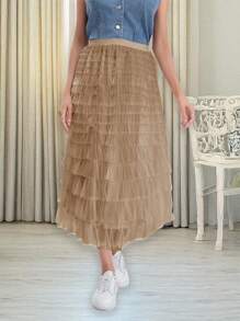 Women's High Waist Elastic Long Tulle Skirt With Multi-Layered Ruffles Mesh Tutu Skirt Party Skirt For Women - Beige - View 3