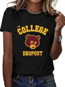 College Dropout T Shirt Men Black Music Printed Gift ,Casual Print,Comfortable And Versatile,Letter Pattern Pure Cotton 220g Printed T-Shirt - 黑色 - 查看 1