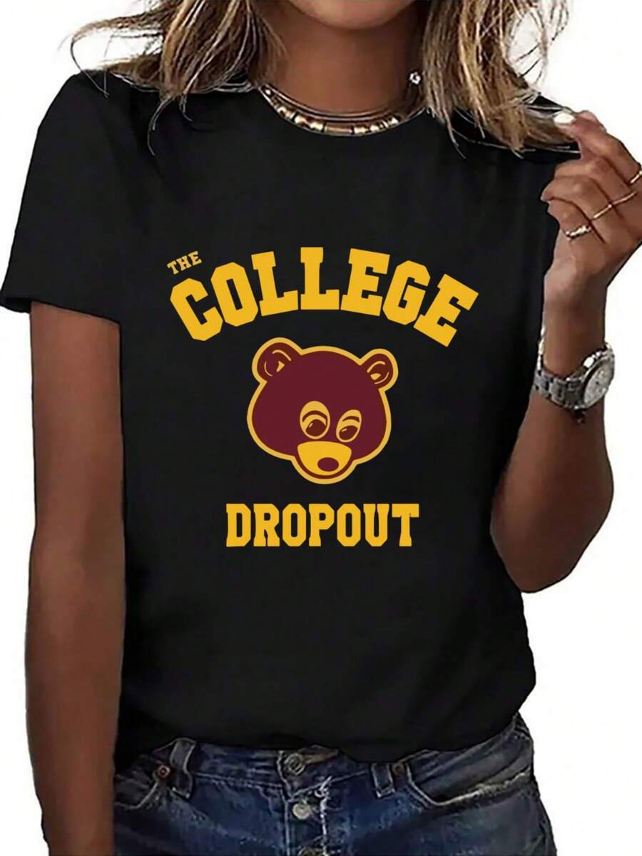 College Dropout T Shirt Men Black Music Printed Gift ,Casual Print,Comfortable And Versatile,Letter Pattern Pure Cotton 220g Printed T-Shirt - 黑色 - 查看 1
