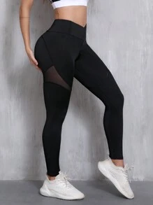 女士纯色网眼拼布针织紧身裤，适合日常健身和瑜伽 - 彩色 - 查看 1