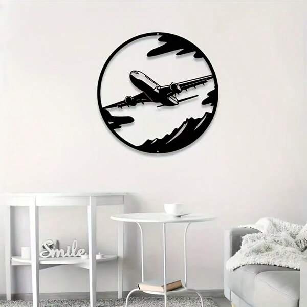 1 pieza Reloj de pared de arte metálico minimalista moderno con temática de aviación, silueta de aeronave con nubes, decoración contemporánea para el hogar en sala de estar, dormitorio, estudio, comedor, regalo para pilotos