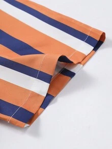 男士休闲条纹短袖衬衫，棕色底色配蓝白条纹，夏季 - 棕色 - 查看 5