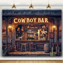 1pc Retro Western Bar Background Banner 70.8x90.5 Inches - Western Bar Themed Party Decor, Wooden Bar, Wheel Barrel, Stool Design - Perfect For Party Gatherings, Suitable For Parties, Indoor And Outdoor Garden Decor, No Electricity Required - Multicolor - View 1