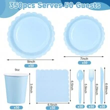 350Pcs Elegant Light Blue Paper Plates & Napkins Set - Serves 50 Guests - Scalloped Party Supplies With Cups & Gold Silverware For Mother's Day, Graduation 2026 & Baby Shower - 藍色 - 查看 2