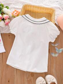Top de Botões de Manga Curta para Meninas, Top Casual Elegante com Gola de Laço e Manga Bufante para Estudantes do Ensino Fundamental, Top Branca para Meninas Pequenas e Pré-Adolescentes, Novo Lançamento de Verão