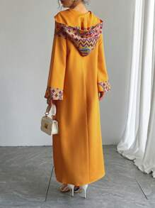 Solessence Middle Eastern Style Hooded Long Sleeve Dress, Yellow Luxury Arabic Traditional Print Abaya Dress, Special Occasion, Party, Festival Wear - Yellow - View 7