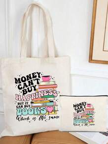 Love Book Pattern Printing Cosmetic Bag/Shoulder Bag - Combo Bag, Travel Makeup Gift Bag, But It Can Buy Books Print Shopping Bag, Shoulder Bag,Cloth Bag, Shopping Handbag, Shoulder Bag, Large Capacity Tote Bag, Minimalist Handbag