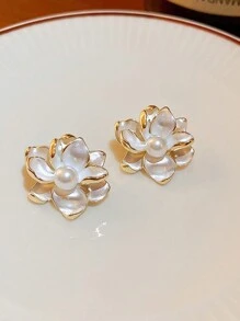 1 Pair Minimalist Elegant Floral Stud Earrings, Fashionable Design For Women, Suitable For Holiday And Daily Wear