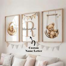 3件套定制无框帆布海报 - 个性化姓名墙画、定制泰迪熊墙画、个性化姓名泰迪熊油画装饰、星星、月亮、旗帜、秋千图案、个性化首字母/姓名牌、中性卧室装饰、餐厅、客厅、卧室、办公室、游戏室、家居装饰礼品、生日、毕业、返校季学习用品、温馨氛围、秋季装饰、旅行收纳 - 彩色 - 查看 13