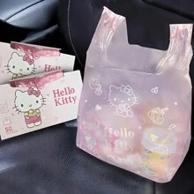 Sanrio Hello Kitty 50 stuks vuilniszakken voor in de auto en op het bureau, leuke, creatieve roze vuilniszakken, wegwerpbare plastic vuilniszakken, draagbare vuilniszakken voor in de auto, geschikt voor op reis en buitengebruik.