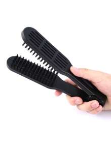 Pro Hairdressing Straightener Hairbrush Nylon Hair Straightening Double Brushes V Shape Comb Clamp Styling Tools DIY - 駝色 - 查看 3