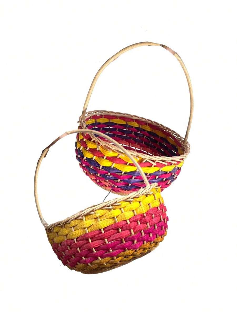 10 Handmade Baskets In Mexican Party Color, Wedding Souvenir Palm - Multicolor - View 1