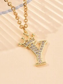 1 件 Ins Style 26 个英文字母全水钻皇冠吊坠项链，DIY 项链链配件不锈钢项链链和铜吊坠 - 金黃色 - 查看 22