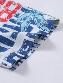 男士休闲短袖衬衫，蓝色字母和棕榈树印花，夏季度假装 - 藍白色 - 查看 5