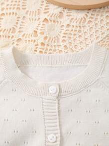 Young Girl Lightweight Button Hollow Out Knitted Cardigan - Beige - View 3