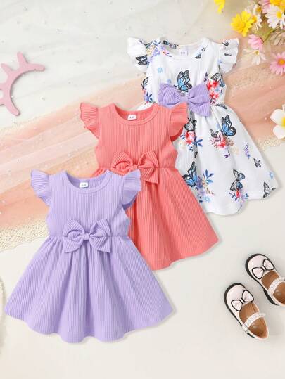 3pcs/Set Casual Elegant Sweet Cute Toddler Girls' Dresses, Soft & Comfortable, Bow Decor Floral Print Knit Ribbed Round Neck Ruffle Hem Dress
