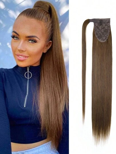 Tóc giả đuôi ngựa Remy làm từ tóc thật, màu #4 Nâu trung bình, kiểu quấn quanh không đường may, tóc giả đuôi ngựa thẳng mượt dành cho nữ.