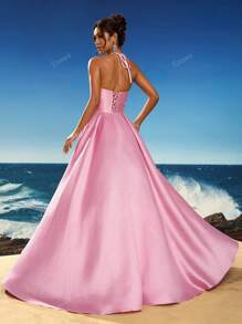 Toosun Women Elegant Solid Color 3D Floral Decor Backless Halter Formal Evening Gown, Party Dress, Wedding Guest Dress, Evening Dress