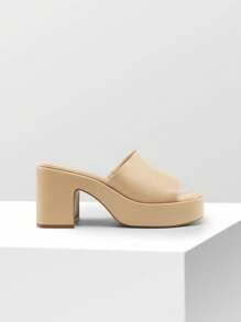 Women Minimalist Chunky Platform Mule Sandals Elegant Summer Slip On Square Open Toe Heeled Sandals For Outgoing School Party Prom - 裸色 - 查看 4