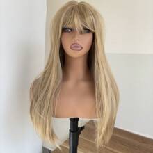 For Party Soft Layered Daily Wear Blended Blonde Dress Up Wigs Wear And Go Wig Rose Mesh Net With Bangs Synthetic Hair Long Straight Natural