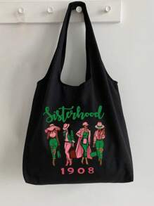 1908 经典大容量帆布手提包及配套化妆包套装：多功能通勤手提包，姐妹印花手提包，轻便旅行沙滩包 - 黑色 - 查看 10