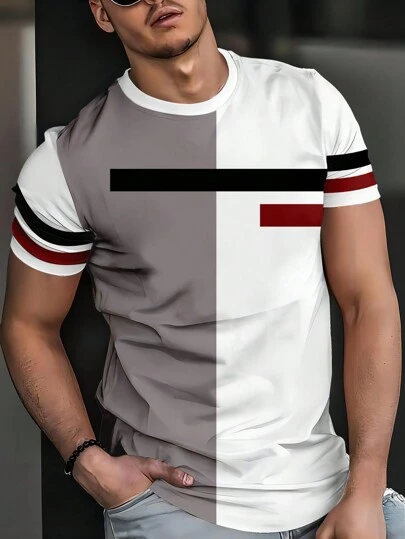 Color-Block Graphic Print, Men's Casual Crewneck Short-Sleeved T-Shirt