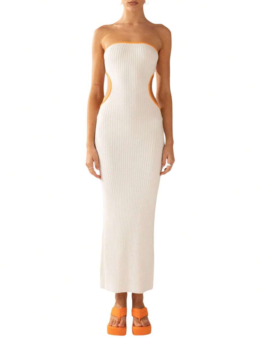 Women's Bodycon Tube Dress, Strapless Side Cutout Contrast Color Ribbed Long Dress - Off-white - View 1